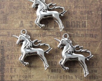 10 Large Unicorn Charms Unicorn Pendants Antiqued Silver Tone 3D 27 x 35 mm