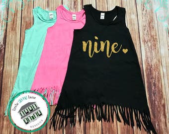 Nine Year Old | Fringe Dress | Fringe Tank | 9th Birthday | Youth | Birthday Dress | Girl Fringe | Glitter | Ninth Birthday | Toddler Girl