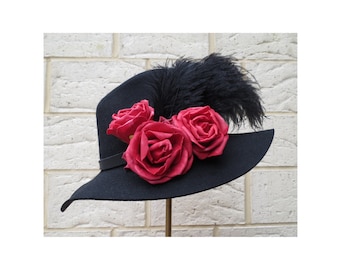 Men's Fedora Hat with feather's and roses - Bleeding Heart