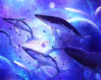 humpback whales art | humpback whales print | whales decor | space whales | space print | space art print | blue print | surreal print | sea