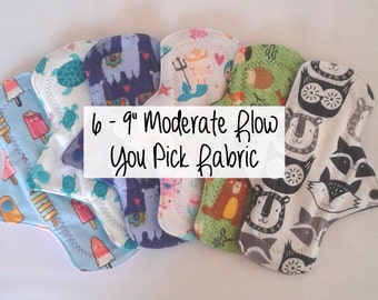Cozy Cloth Set of 6 - 9" Moderate Flow Cloth Menstrual Pads - You Pick Fabric