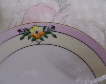 Meito China Set of Two Bread/Dessert Plates Hand Painted Japan White Centers Yellow Band Pink Band Deep Yellow Star Flower Red Buds Leaves