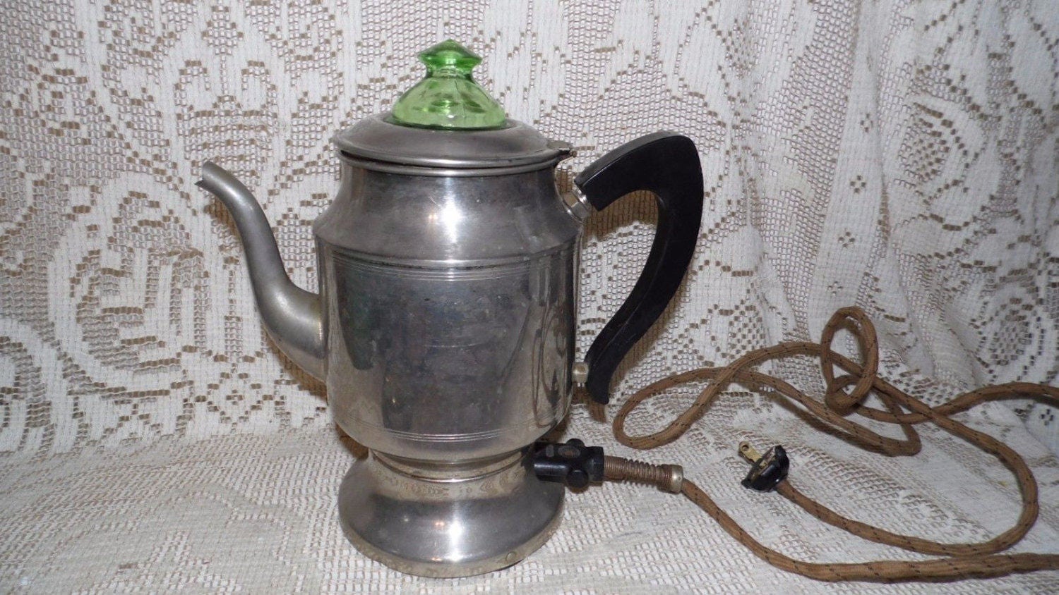 Vintage Electric Hotpoint Coffee Pot Green Glass Depression