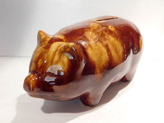Yellow Ware Pig Piggy Bank Spongeware Circa 1915-1920 Midwestern USA Pottery Country Farm Farmhouse Cottage Home Decor Nursery Baby Shower