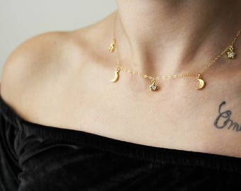 Star Moon Necklace / Moon Star Choker Necklace / Crescent Moon Necklace Gold or Silver