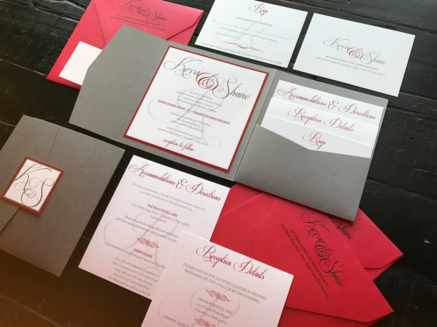 Red & Grey Custom Pocket Wedding Invitation Suite Includes An