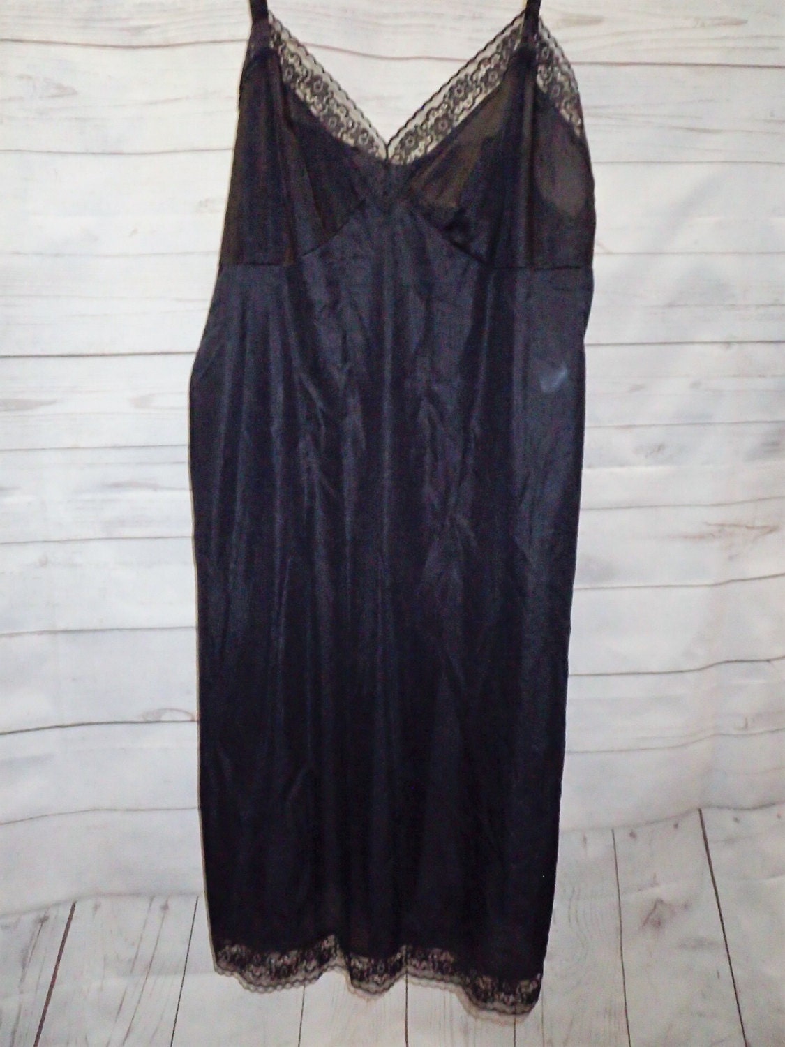 Womens Vintage Black Slip Nylon w/Lace Ruffles Vanity Fair