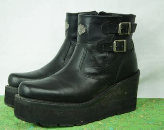 Black Harley Davidson Motorcycle Boots with Zipper & Buckles - 90s Harleys - 9 Womens US, 7 UK, 40 EU - Genuine Riding Boot - D301