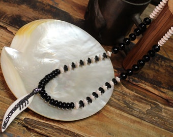 Onyx and CZ Pave Feather Necklace - 3 Types Black Onyx - Silver Hematite Gemstones - Ivory Bone Beads - Carved Ivory Bone Feather Pendant