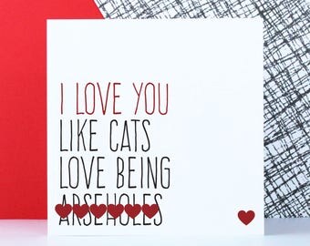 Funny cat Valentine's Day card, anniversary card, sweary cat birthday card, rude cat themed card, I love you like cats love being arse****s