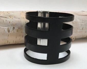 Wide Black Leather Cutout Cuff with Magnetic Silver Tone Clasp,Statement Leather Cuff, Extra Wide Leather,Black and Silver,Minimalist Modern