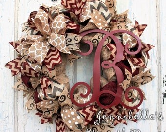 Burlap Wreath, Chevron Burlap, Shabby Chic, Painted Monogram Letter, Burgundy, Creme, Black