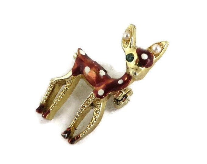Vintage Pin - Baby Deer Brooch, Christmas Doe Pin, Faux Pearl and Enamel Deer Animal Pin