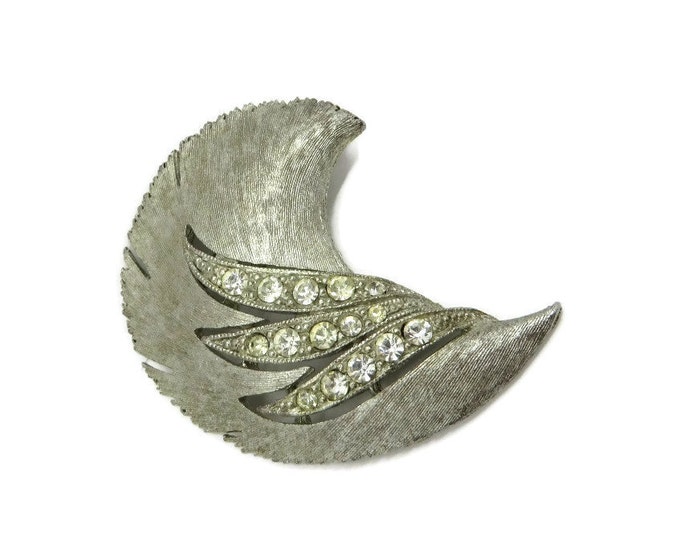 JJ Silver Tone Rhinestone Leaf Brooch, Matte Silvertone Pin, Bridal Jewelry