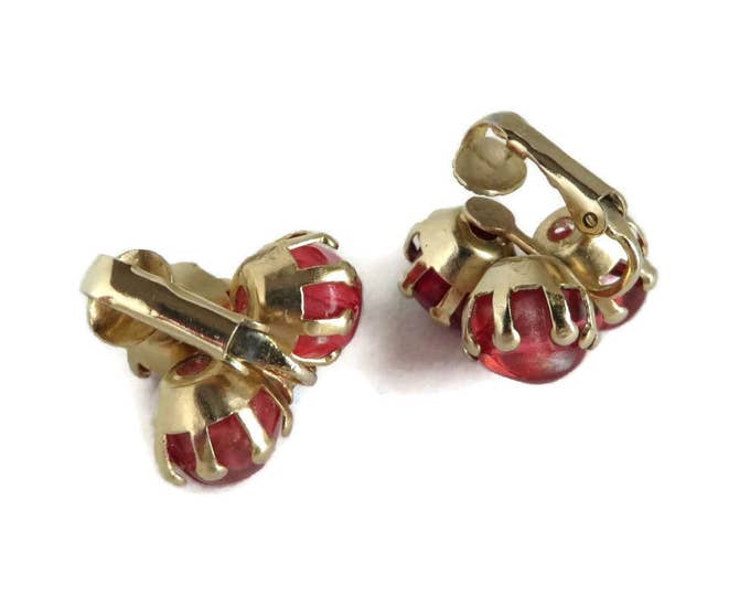 Red Bead and Rhinestone Gold Tone Vintage Clip-on Earrings