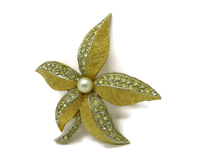Vintage Poinsettia Brooch - Signed Weiss Faux Pearl Gold Tone Brooch, Gift for Her