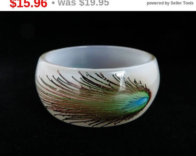 ON SALE! White Lucite Peacock Feather Bracelet, Vintage Chunky White Bangle