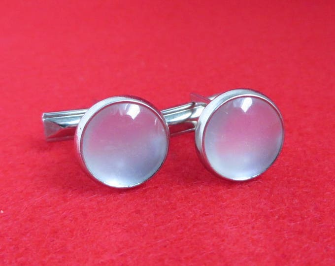 ON SALE! White Moonstone Cufflinks Vintage Silver Tone Round Cabochon Cuff Links Men's Formal Wear Suit Accessory Gift Idea