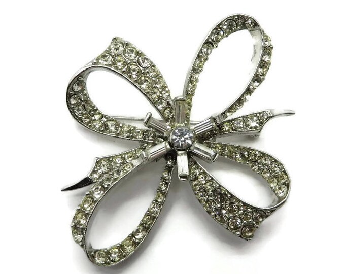 Rhinestone Bow Brooch - Vintage Estate Silver Tone Costume Jewelry Gift Brooch