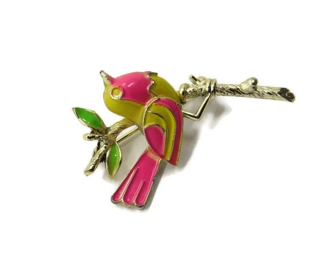 Bright Enamel Bird Brooch, Vintage Yellow, Green, Pink Figural Gold Tone Pin