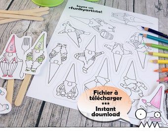 DIY plante markers, garden gnome --- gnome, elf, elves, dwarf, cute drawing, coloring image, crafting, to download, by Les Funky