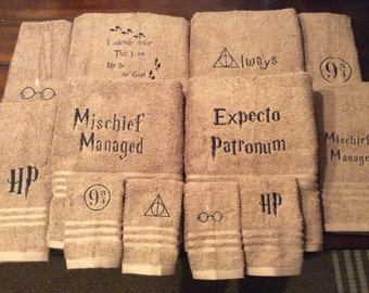 Harry Potter towels with quotes or symbols you choose which symbols