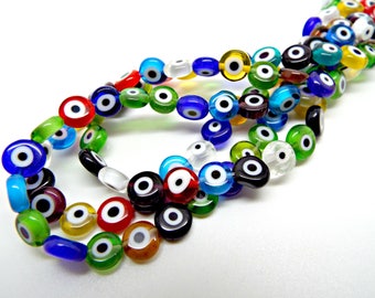 Evil Eye Beads, Strand of 50, Flat Round, 8mm Glass Beads, Mixed Color, Lampwork Glass, Evil Eye Jewelry, Lampwork Beads, UK Beading Supply