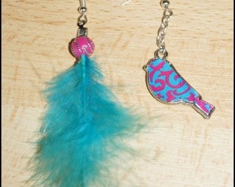asymmetric bird and feather earrings