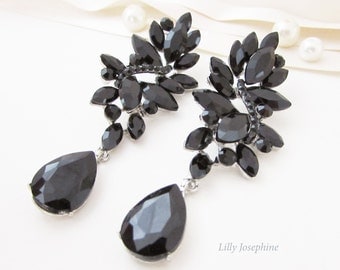 Long Black Crystal and Rhinestone Earrings, Black Bridal Earrings, Black Wedding Jewellery, Black Earrings, Black Leaf Earrings