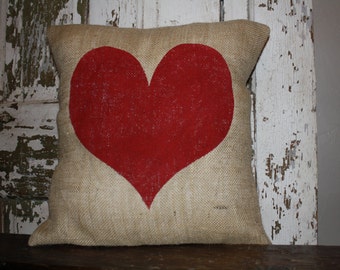 Heart Valentine Pillow Cover, Valentine Throw Pillow, 16x16 Burlap or Canvas