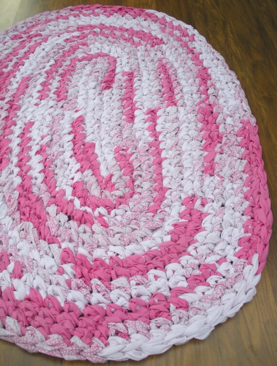 38x24 Pink Hand Crocheted Rug Oval Rag Rug