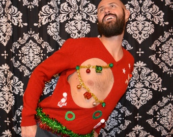 Men's Ugly Christmas Sweater, sexy, Men's LARGE, chest, boob, ugly Christmas Sweater, xmas sweater, cut out, hole, garland, one of a kind