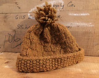 Brown Knit Hat Vintage Cable Knit Pom Pom