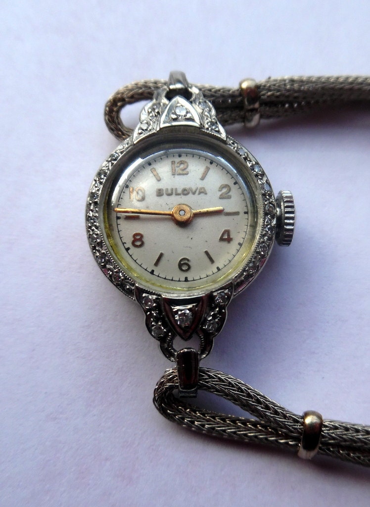 BULOVA LADIES WATCH 14K Solid White Gold 1940's Antique