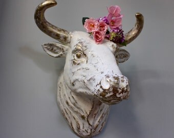 Large Faux Taxidermy Bull Steer Wall Bust Cow Head Wall Mount Hanging Texas Horns Sculpture Rustic Shabby Cottage Farmhouse Animal Western