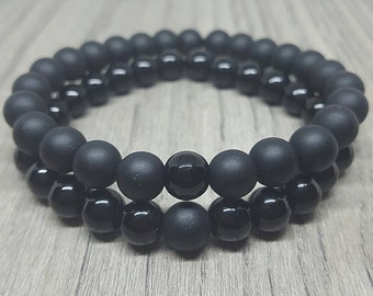 Couples Bracelets. Long Distance Bracelets. Friendship Bracelets. Matching Bracelet Set. Matte Black Glass and Black Glass Beads.