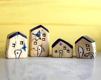 Ceramic sculpture, Miniature houses, Set of 4 houses, Ceramic houses of white clay, One of a kind handmade pottery, Blue and white, Rustic