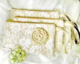 Set of 7 Bridesmaid clutch, cotton linen lace clutch, wedding gift, Makep bag ivory white lace (Ref: CL905)