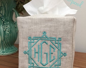 Monogrammed Tissue Box Cover Linen-Rattan Monogram, monogrammed gift-personalized gift-hostess gift