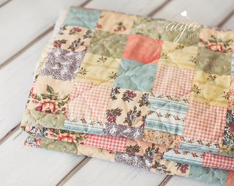 Upcycled Vintage style quilt layer, blanket, backdrop, Pastel, green, pink, floral, RTS