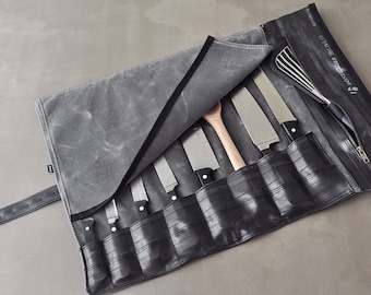 Chef Knife Roll made from waxed canvas and recycled bike inner tubes