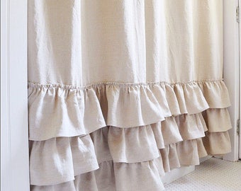Belgian Linen Ruffle Shower Curtain Cotton Handmade Shabby Chic Girls Bathroom Curtain Custom Color Option Deep Natural Flax Linen