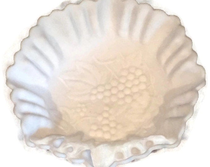 ANTIQUE Imperial Milk Glass Bowl | Grape Design Fruit Bowl with Fluted Edge Mid Century Decor