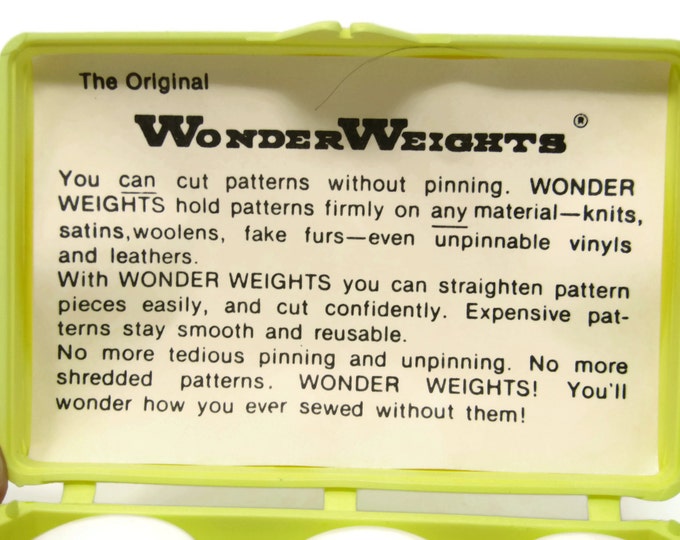 The Original Wonder Weights - Sewing Supplies - Fabric Weights - Six Vintage Sewing Pattern Weights Yellow Case