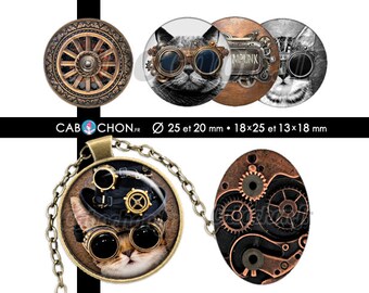 Steampunk 60 Images Digitales RONDES 25 et 20 mm OVALES 18x25 13x18 mm chat chapeau lunettes aviateur metal Page cabochons cabochon bijoux