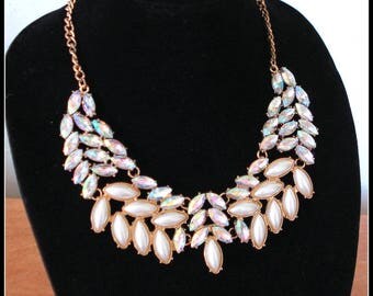 RUNWAY BIB NECKLACE Marquise Crystal A B Rhinestones Faux Pearls Gold Tone