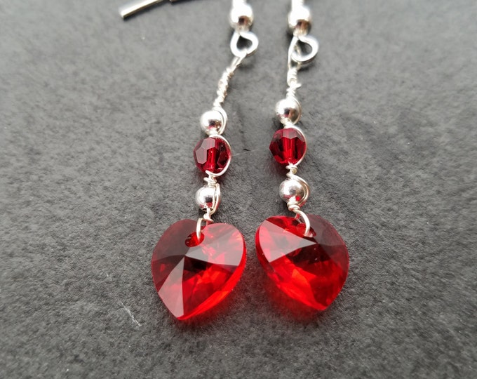 Red Crystal Heart Earrings, red love heart earrings, Swarovski crystal red heart earrings, red heart earrings for women, red love heart