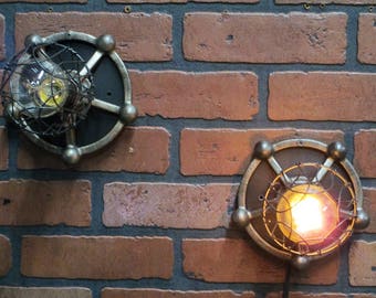 Vintage Industrial Wall Sconces Pair Old Cast Iron Gears with Trouble Cages