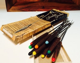 Wood Fondue Forks, Colored Tip Forks, Wood Fondue Spears, Midcentury Kitchen