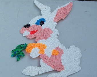 Two vintage Easter bunny and carrot melted popcorn plastic decoration